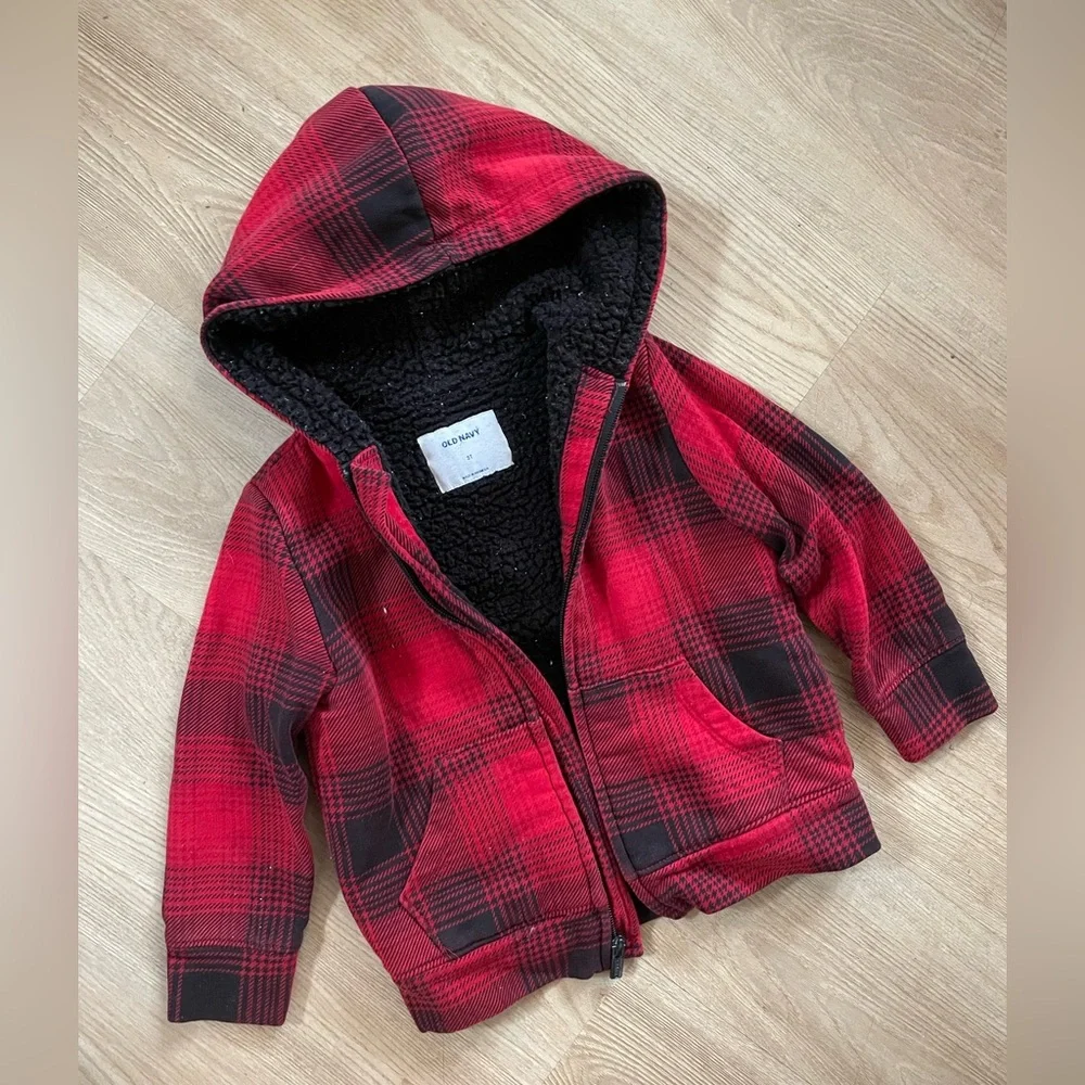 Boys Red & Black Plaid Sherpa Jacket 3T - Picture 1 of 2